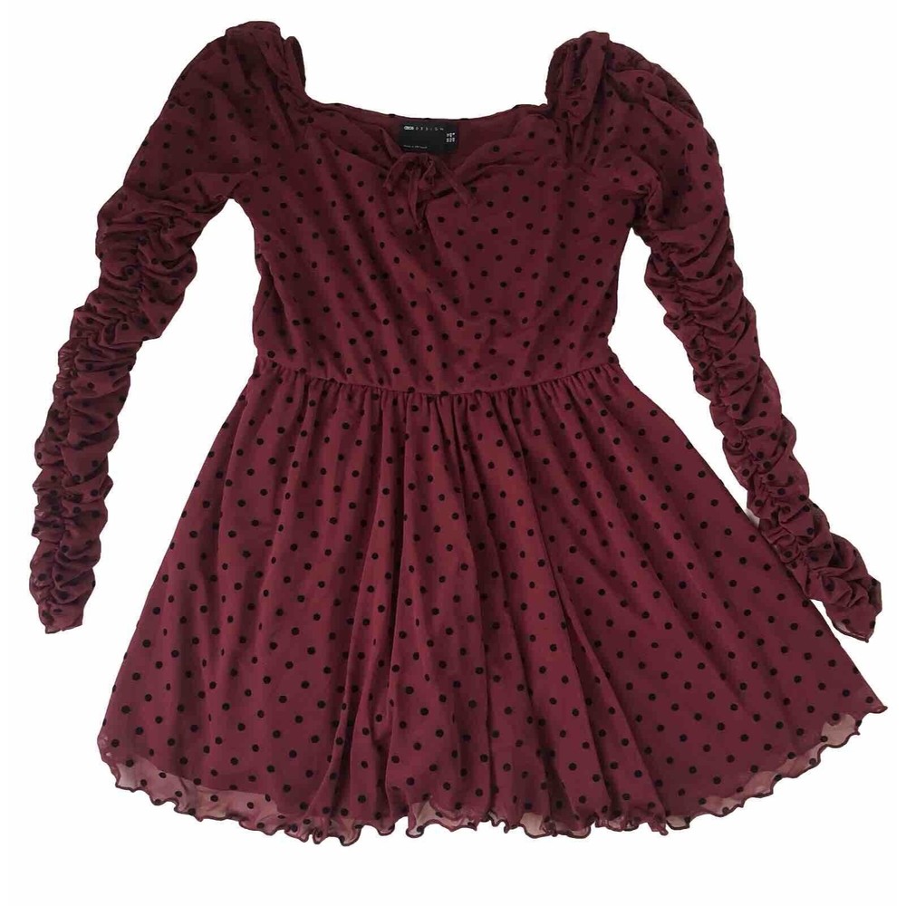 ASOS DESIGN flocked Burgundy Black Polka Dot ruched sleeve romper Size 8
